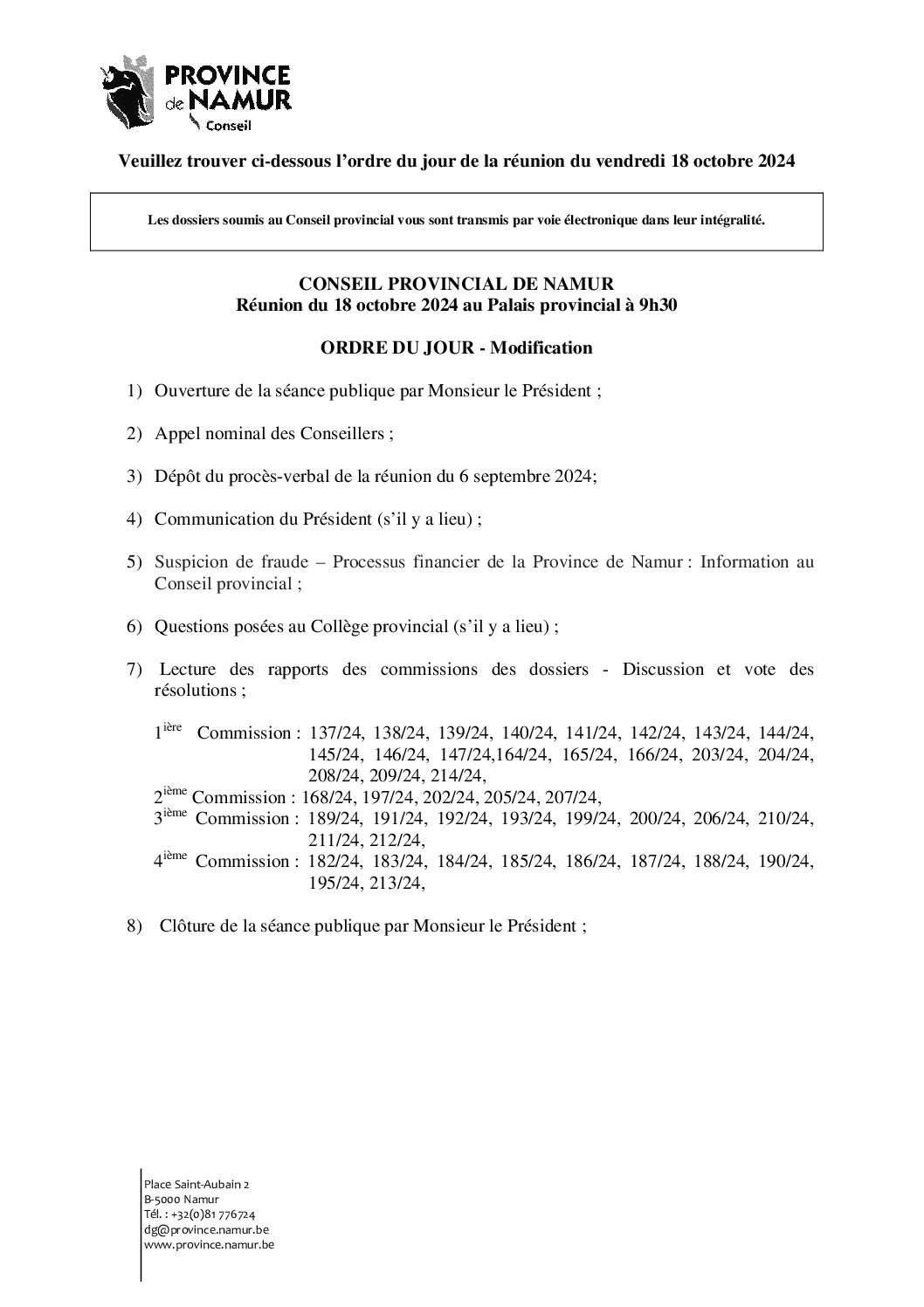 Ordre du jour de la séance du Conseil provincial du 18 octobre 2024 – Invitation