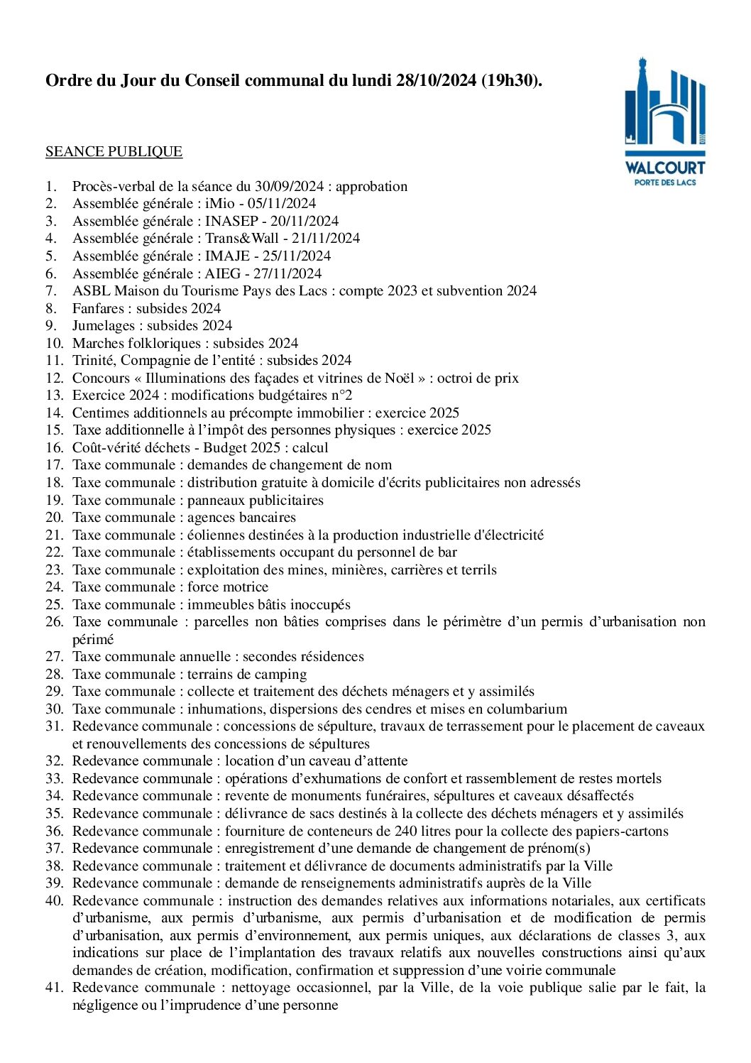 Ordre du Jour du Conseil communal du lundi 28/10/2024.